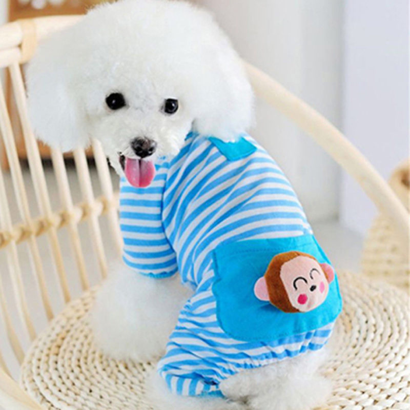 pijama para cachorro azul listrado com macaco
