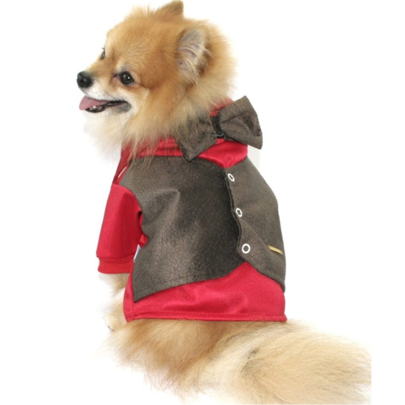 roupa de cachorro vermelha com colete marrom e gravata