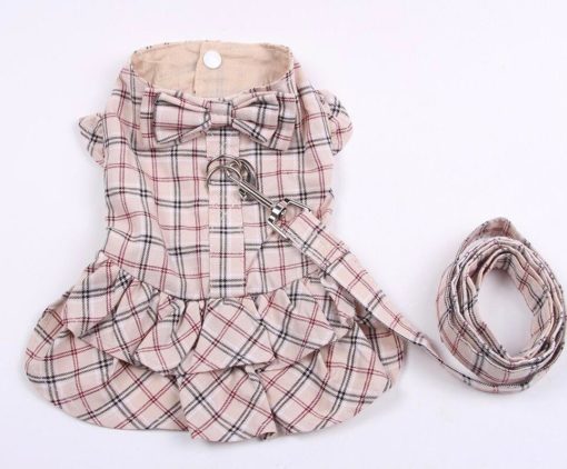 Vestido Xadrez Bege com Guia para Cachorro